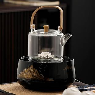 家用烧水壶 纯手工银莲花提梁烧水壶煮茶器加厚玻璃茶器电陶炉套装