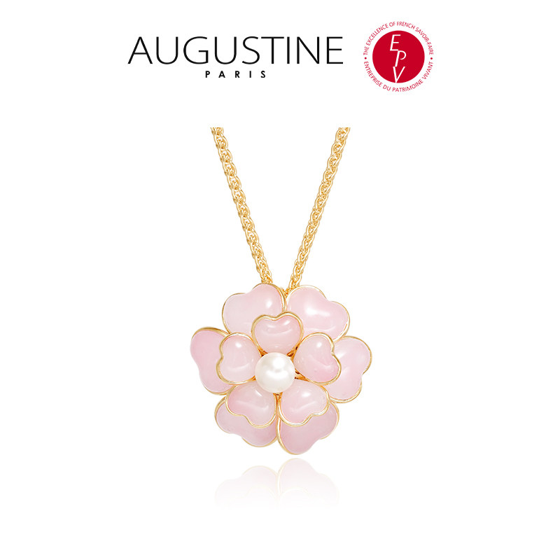 【AZLOOK】Augustine Paris古法琉璃粉色山茶花项链耳环戒指套装