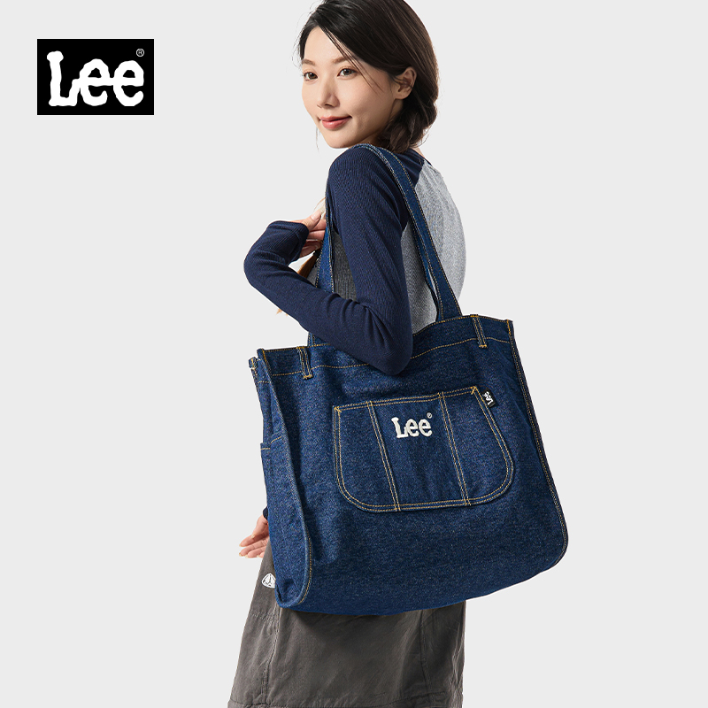 Lee官方新款托特包女休闲单肩包上班通勤包包大容量牛仔布手提包