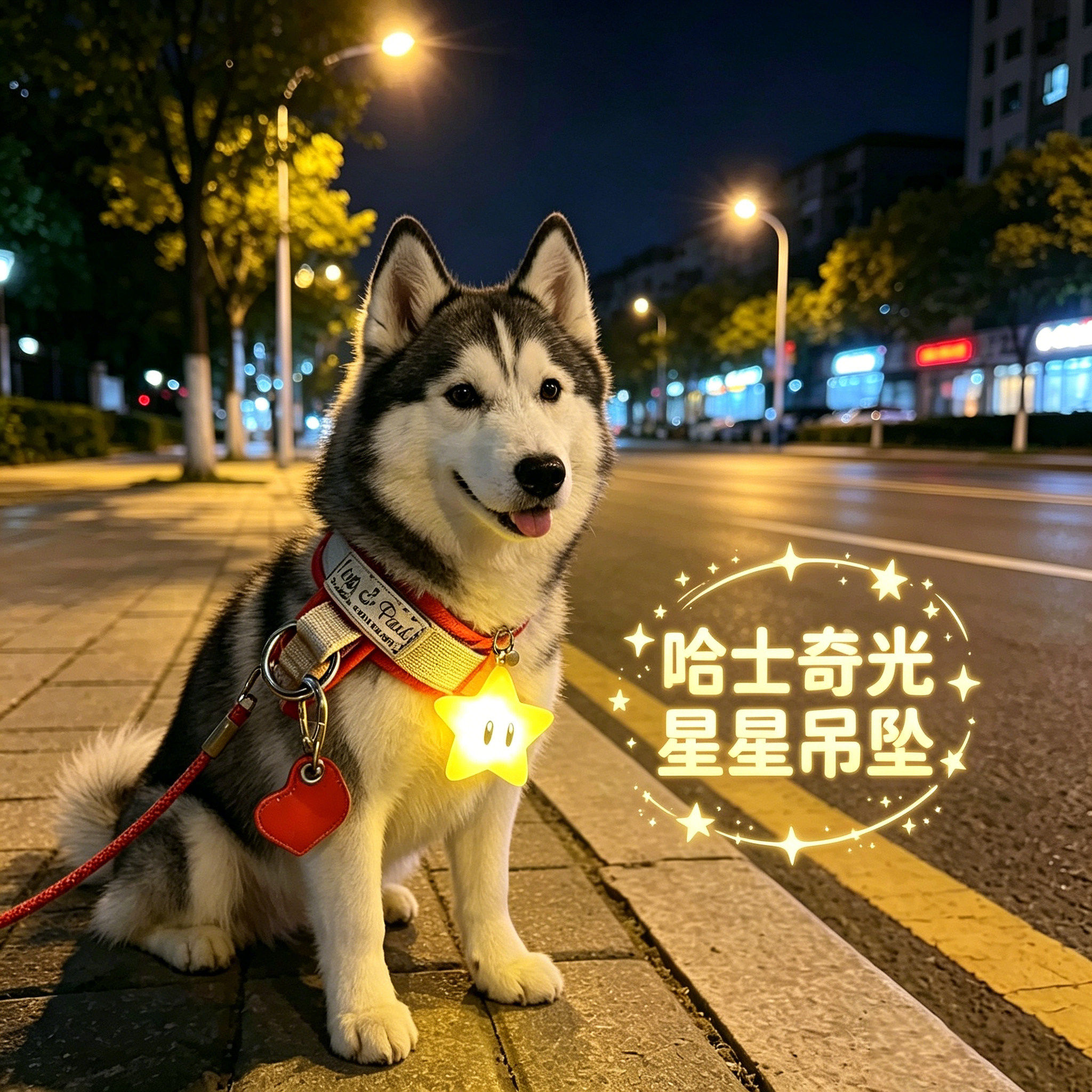 哈士奇专用狗狗夜间发光吊坠项圈夜晚发光灯防走失遛狗夜行灯神器