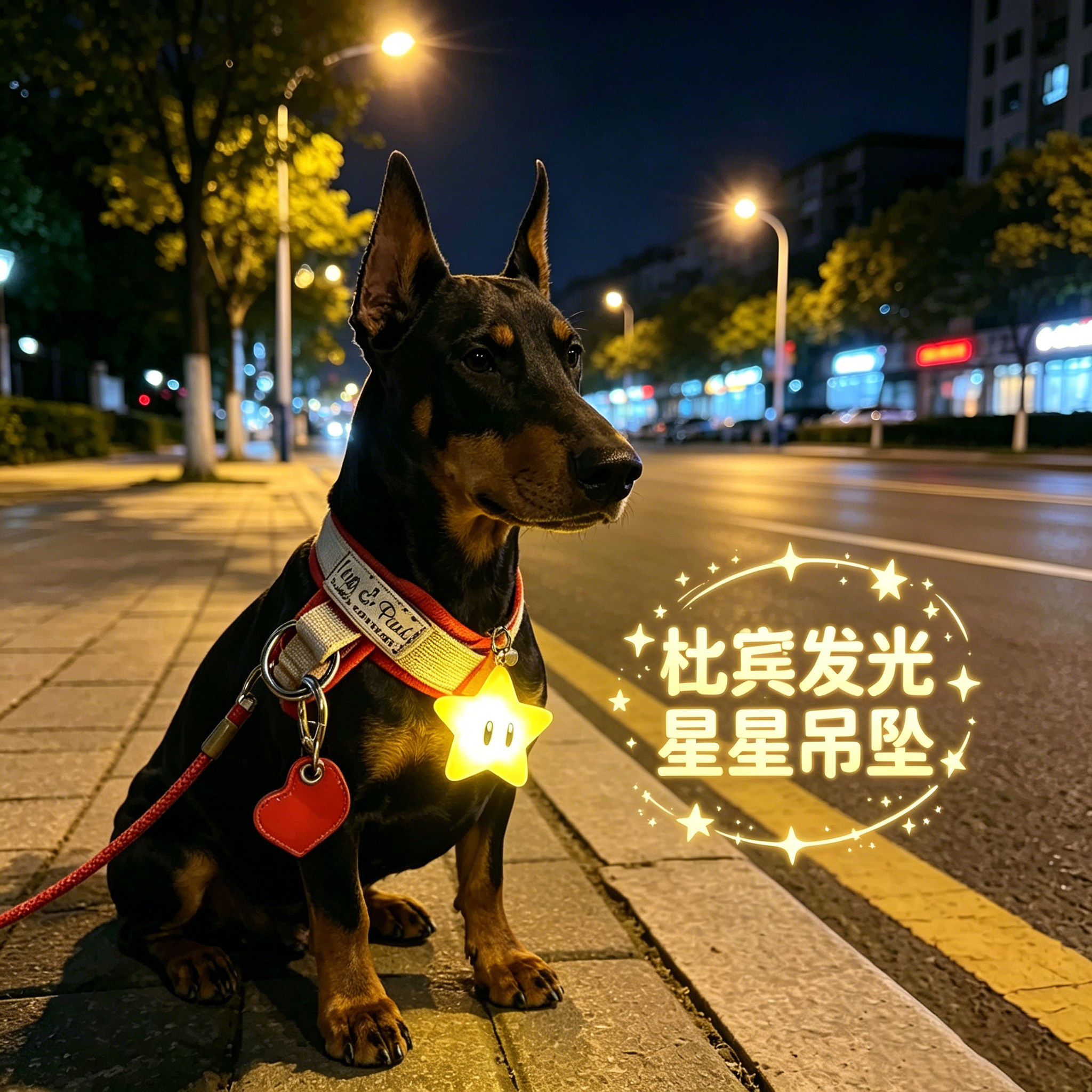 杜宾专用狗狗夜间发光吊坠项圈夜晚发光灯防走失遛狗夜行灯星星灯