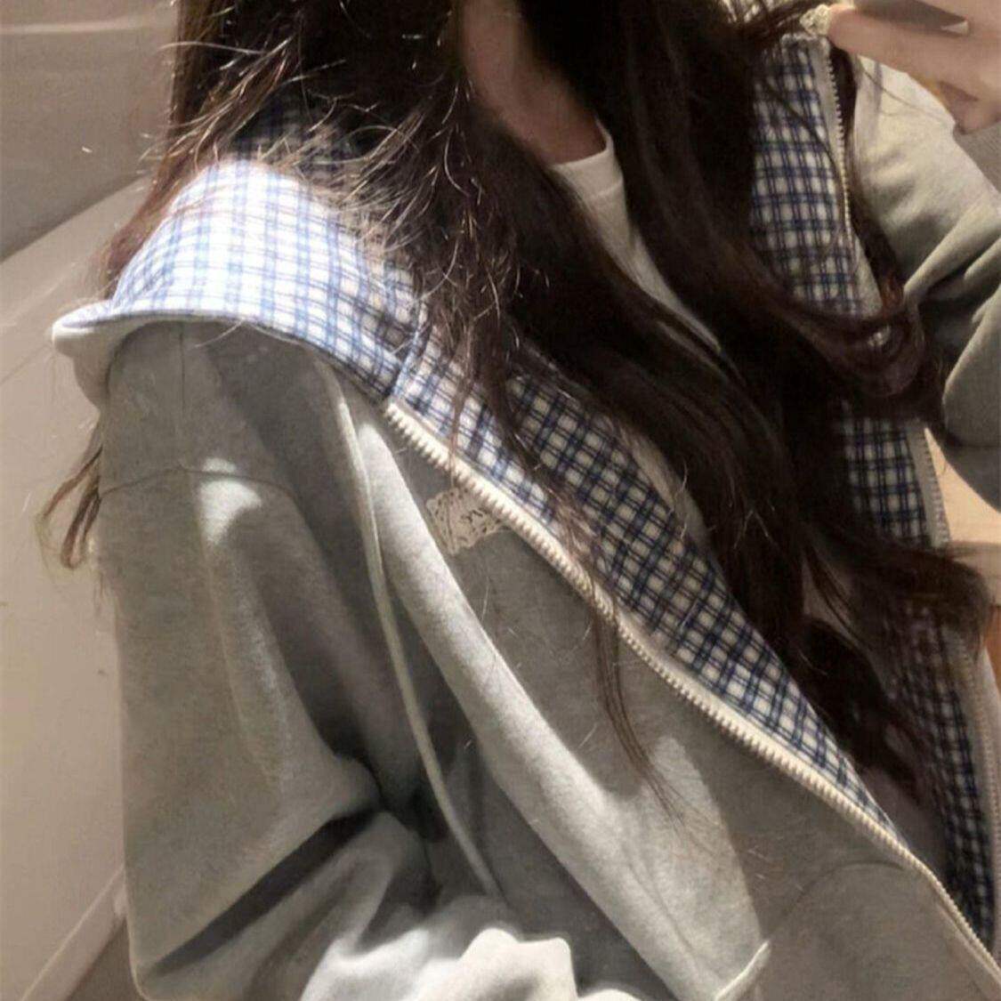 拼格大卫衣连帽外套女宽松百搭慵懒风开衫上衣2025早秋春季新款