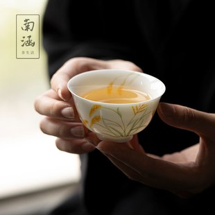 南涵玉泥手绘麦穗茶杯白瓷主人y杯功夫茶具陶瓷大号薄胎家用喝茶