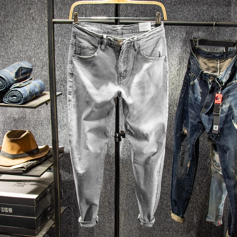 三古木棉 夏季浅灰色九分牛仔裤男潮牌毛K边修身小脚收口裤子男9