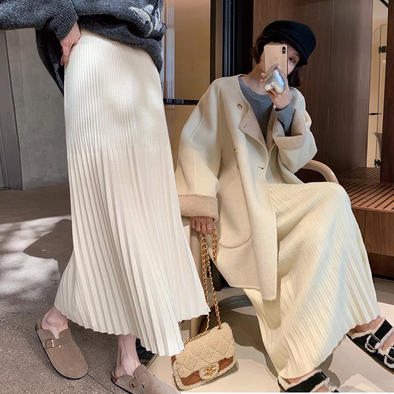 针织毛线托腹裙春秋外穿宽松竖琴百褶裙渐变aQ字中长款孕妇半身裙
