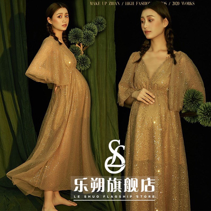 孕妇照片写真服装新款影楼孕妈咪大肚照金色礼服孕U妇拍照摄影服