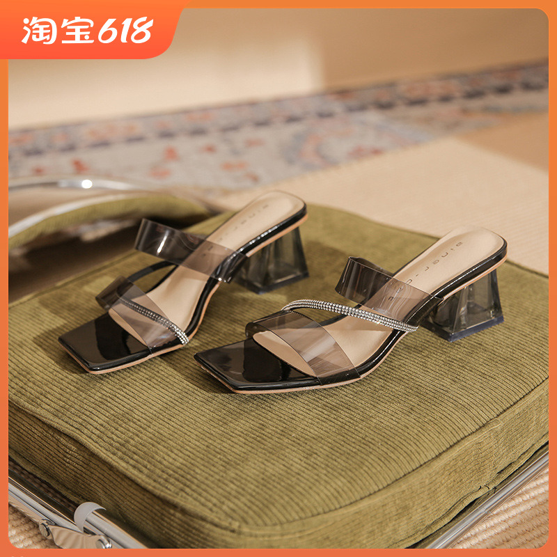 羊皮高跟透明拖鞋女外n穿2023年夏季新款法式水钻鞋水晶粗跟凉拖
