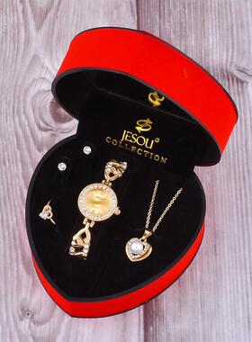 Women Bracelet Watch Set Gold Crystal Design Necklace Earrin