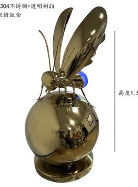 酒店大堂雕塑发光工艺品售楼处水景会所不锈钢蜜蜂摆件大厅软装饰