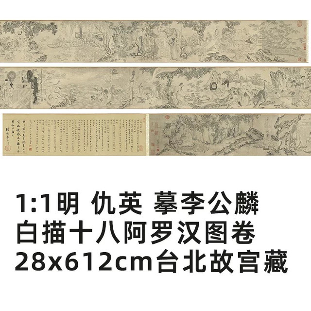 1:1 明 仇英 摹李公麟白描十八阿罗汉图28x612cm台北故宫真迹复制