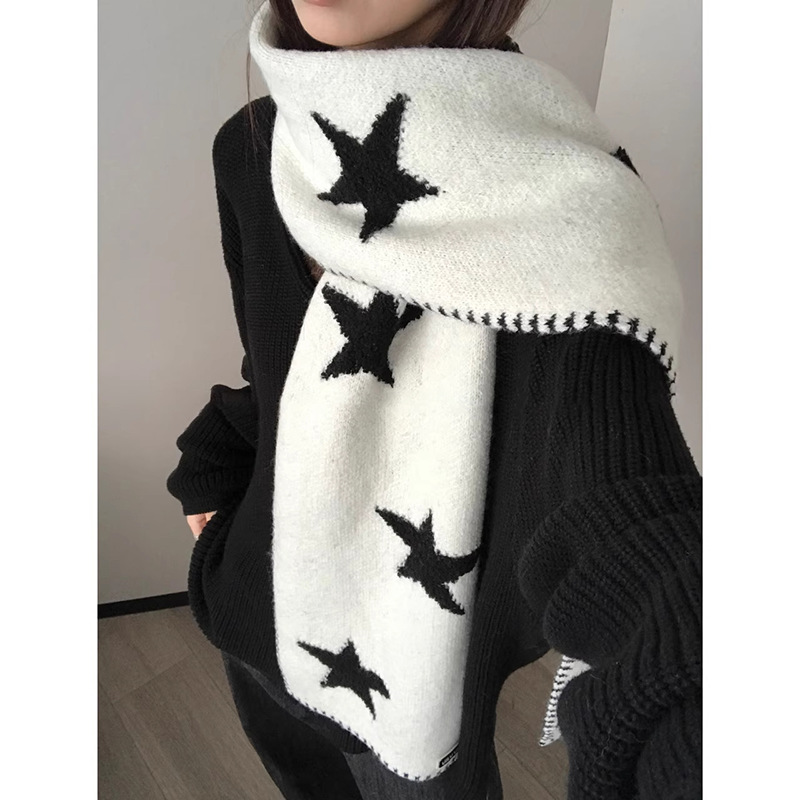 日本品质星星小众设计针织围巾女冬季保暖韩系百搭学生情侣围脖