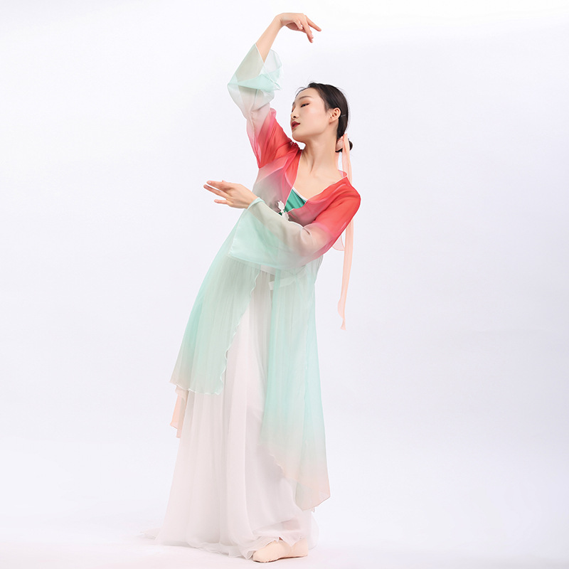 日本无印MUJIE古典舞服装夏季网纱渐变舞蹈上衣身韵纱衣演出服练
