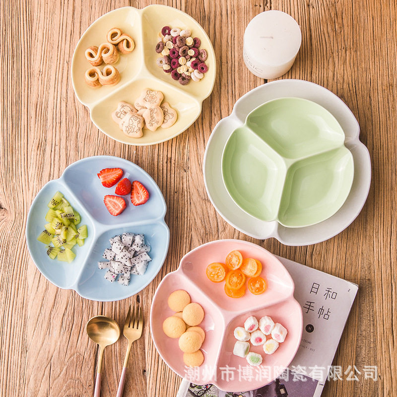 ..微波炉分格碗儿童快餐盘陶瓷三格饭盒分隔骨瓷器果盘圆形餐盘-