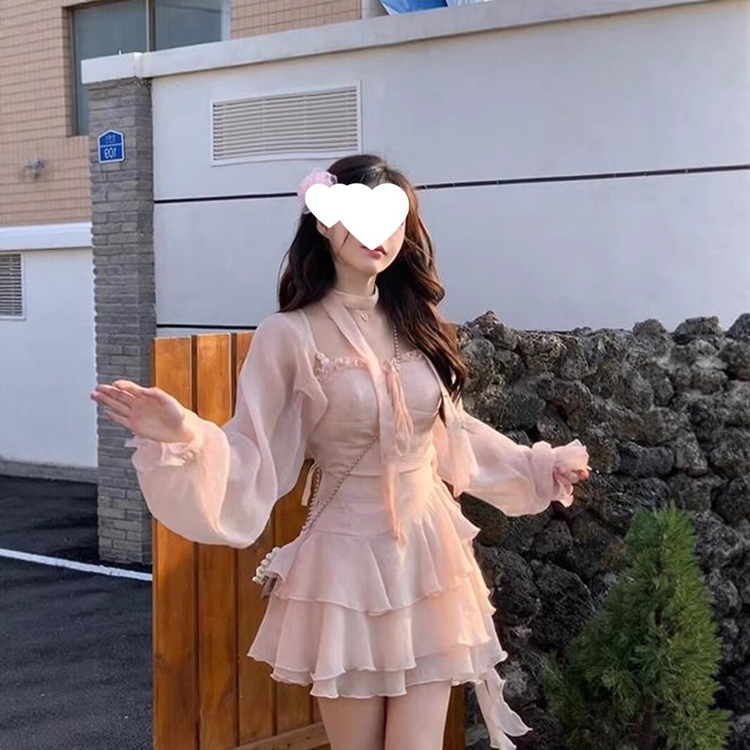 微胖温柔甜美荷叶边吊带连衣裙女夏季小个子收腰显瘦短裙开衫套装