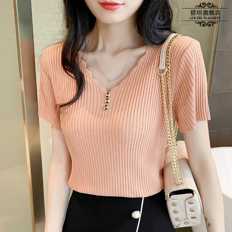 夏季新款大码冰丝短袖T恤女装韩版修身半袖V领针织打底衫上衣女潮