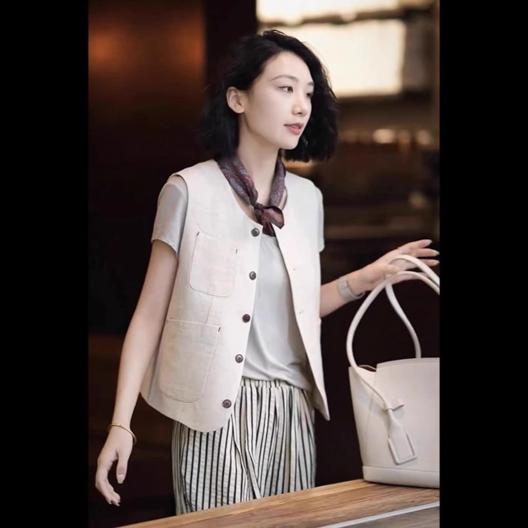 简约高级感棉麻无袖马甲2024年夏季新款时尚薄款坎肩背心外套女