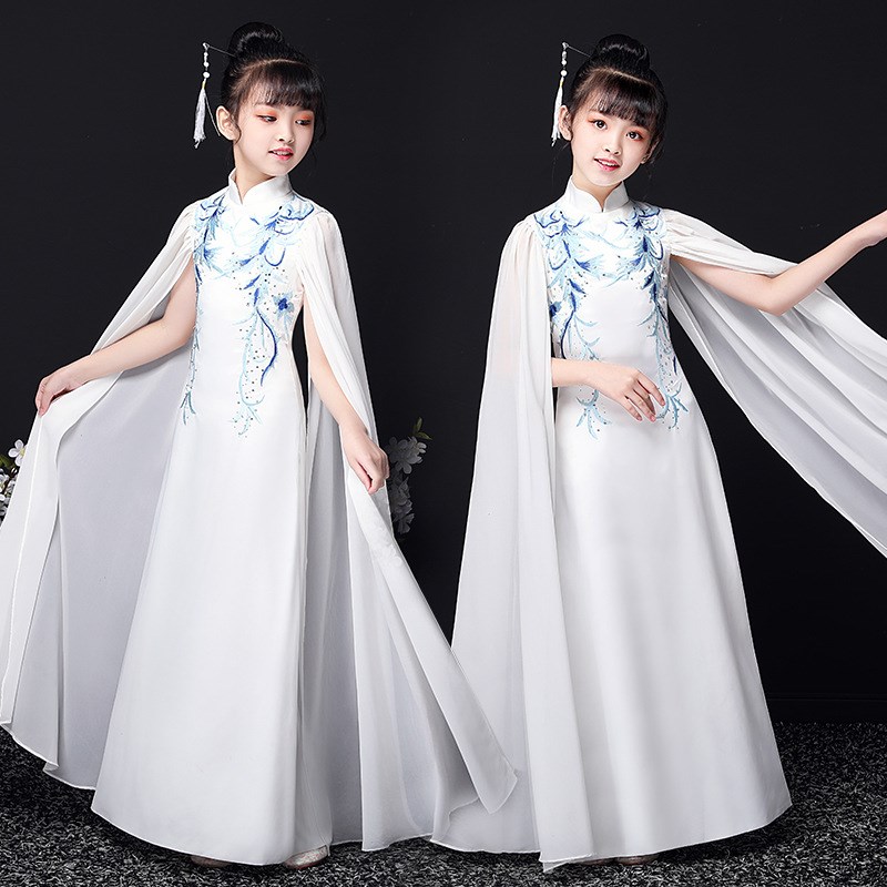 儿童古筝演出服2024新款女童礼服夏季中国风水袖旗袍走秀演出汉服