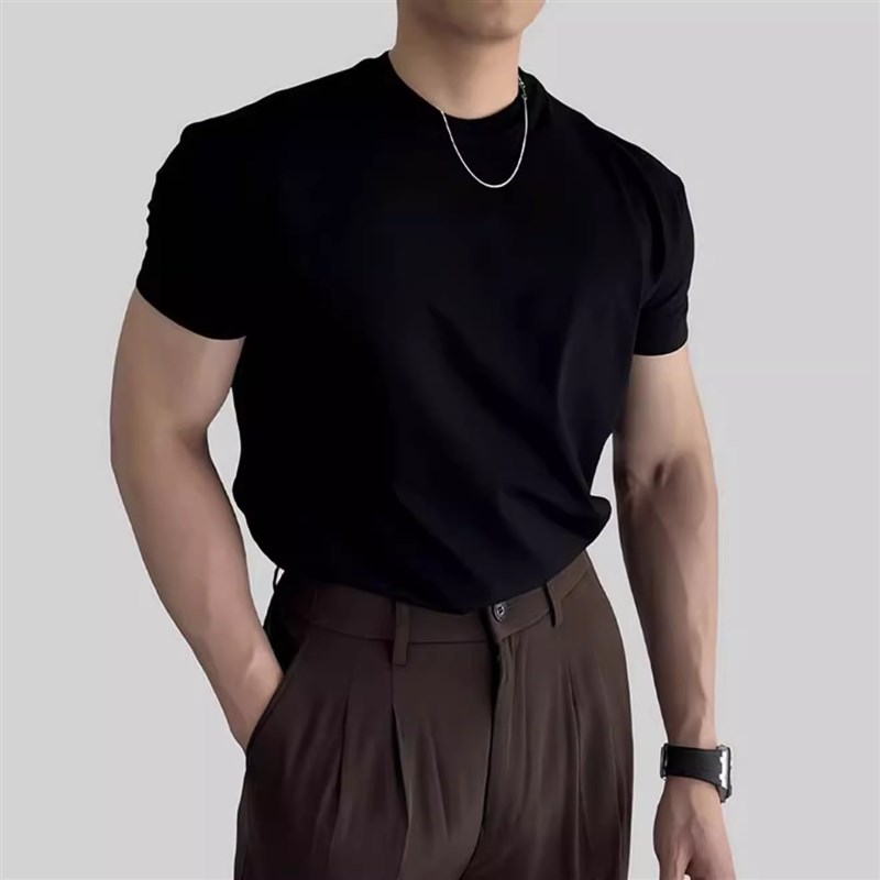 英伦雅痞男装夏季t恤小领口修身短袖显肌肉西装内搭外贸