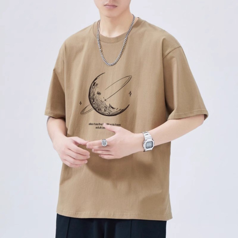 纯棉圆领短袖T恤男生夏季薄款潮流印花宽松半袖体恤日系打底上衣