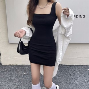 810 夏裝 方領(lǐng)連衣裙女修身 吊帶小黑裙 實拍