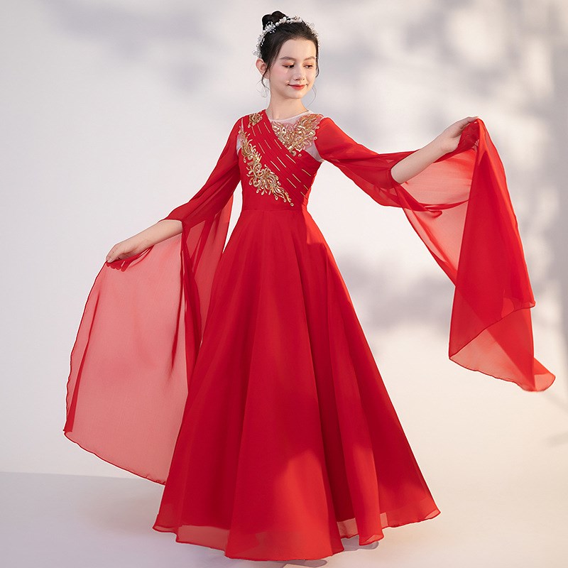 儿童中国红古筝演出礼服2024新款古风飘逸二胡笛子演奏女童古筝服