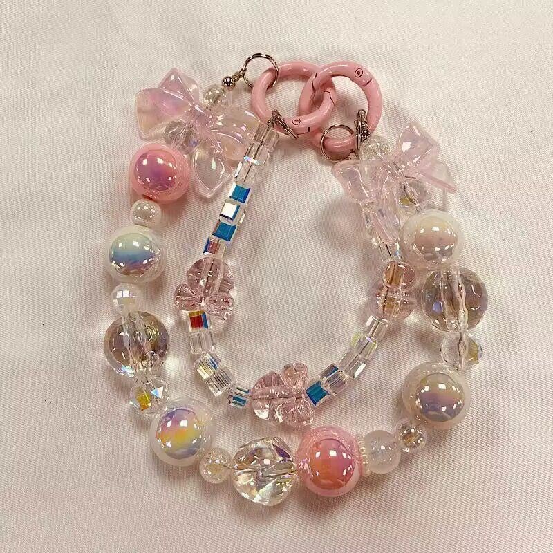水晶夜光蝴蝶珠子手机挂饰挂件挂绳手机链网红同款串珠女款手机链
