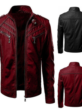 Men PU Leather Jacket Winter Vintage Black Zipper Male Moto