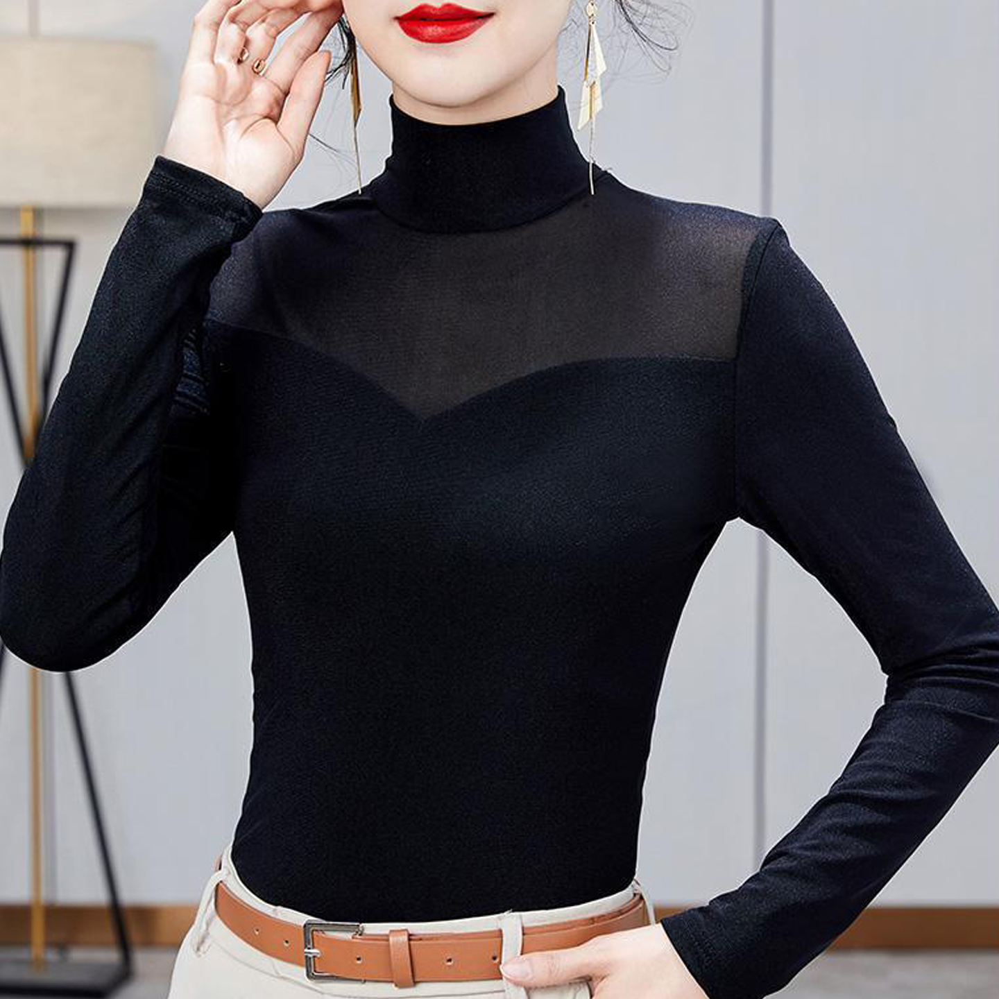 加绒款半高领网纱打底衫女秋冬装