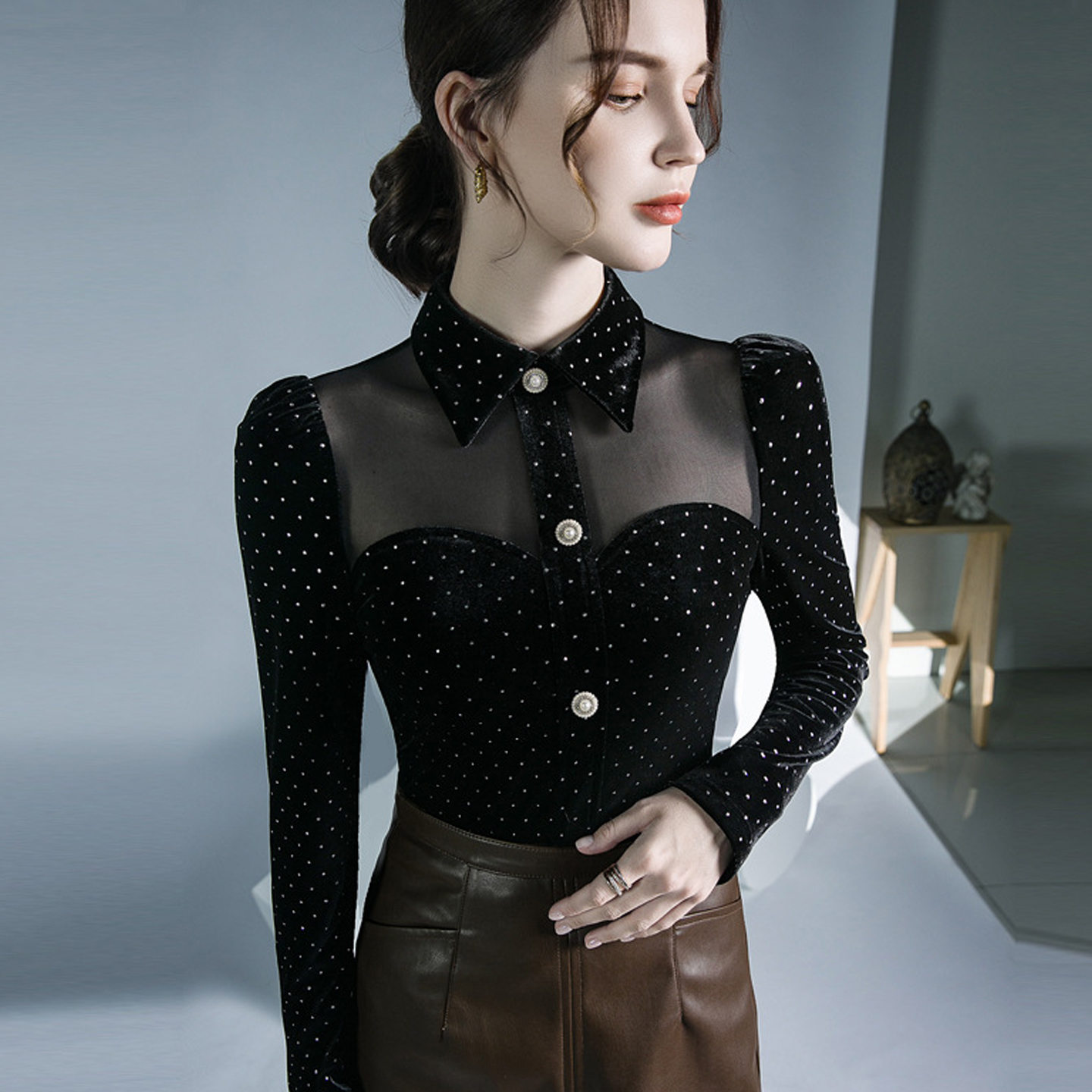 2025新款高端网纱丝绒上衣女秋冬