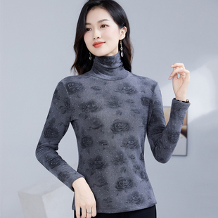 高领加绒打底衫女2025新款可外穿长袖印花t恤洋气保暖内搭上衣冬