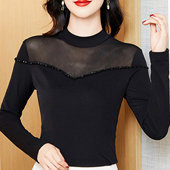 2025新款 纱蕾丝上衣 沙体t恤黑色薄款 加绒保暖网纱打底衫 女冬长袖