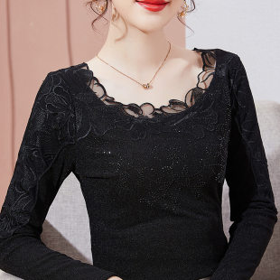 2025新款加绒蕾丝上衣女轻奢高级感长袖网纱t恤烫钻保暖打底衫冬
