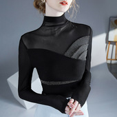 网纱拼接t恤亮丝黑色网衫 薄纱高领打底衫 女士长袖 蕾丝镂空上衣秋