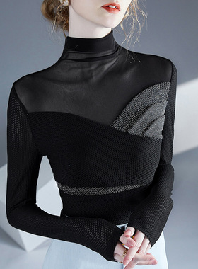 薄纱高领打底衫女士长袖网纱拼接t恤亮丝黑色网衫蕾丝镂空上衣秋