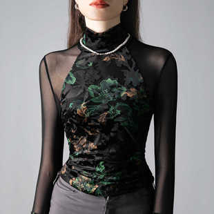 高级感印花蕾丝打底衫女长袖2024新款薄款网纱t恤高领薄纱上衣秋