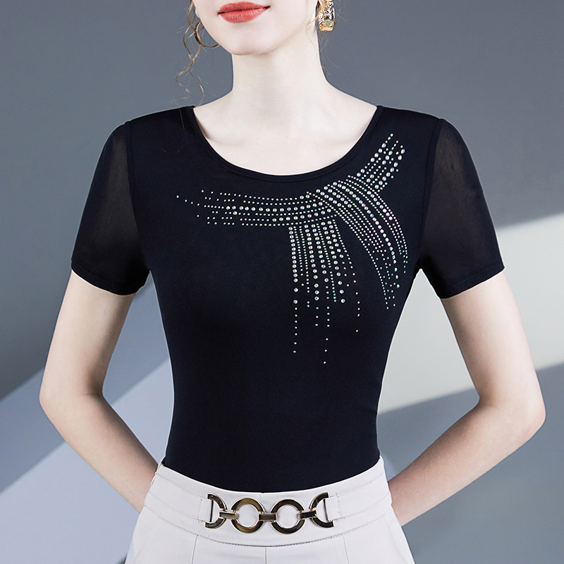 2025新款烫钻网纱t恤女短袖夏装