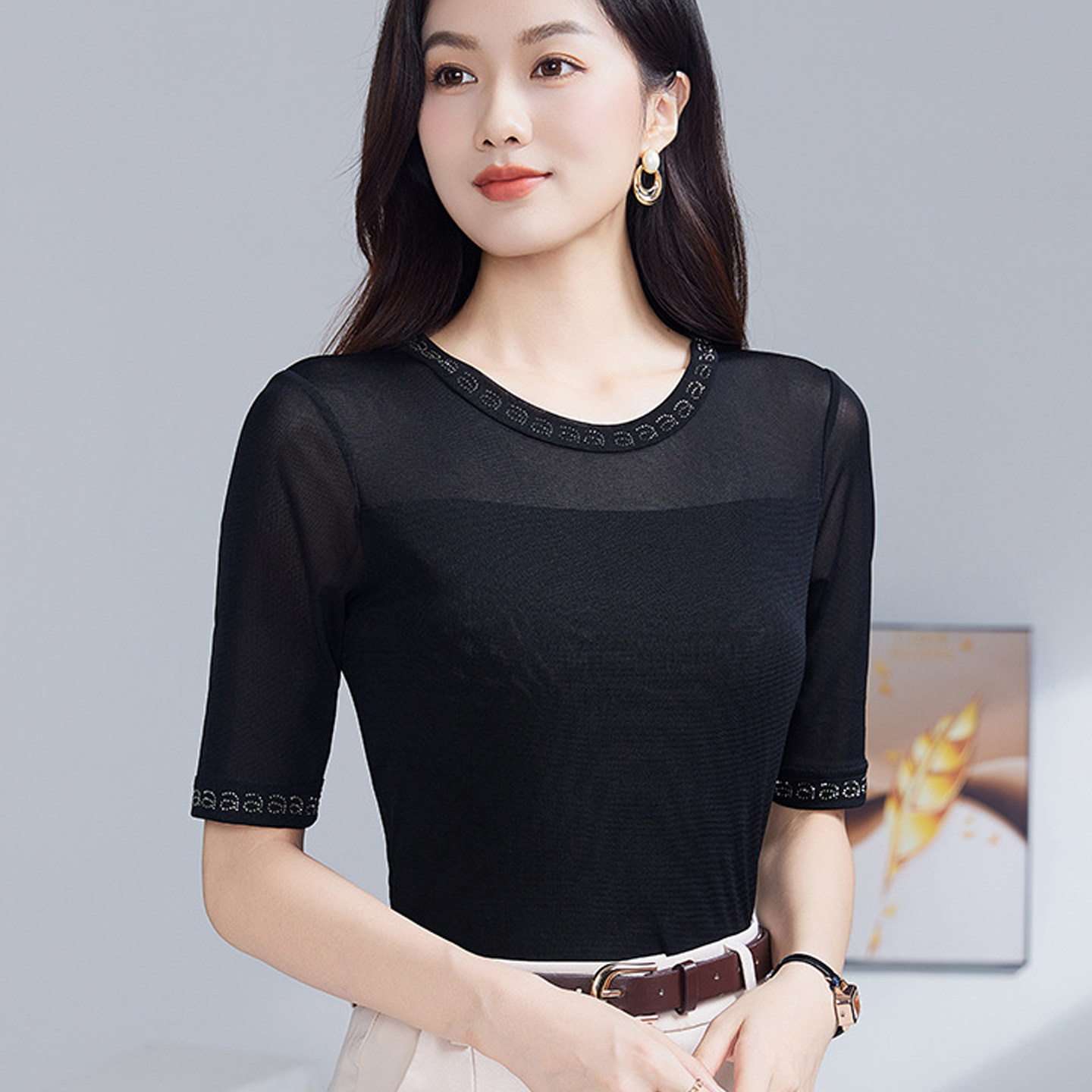 2025新款洋气网纱t恤女中袖秋装