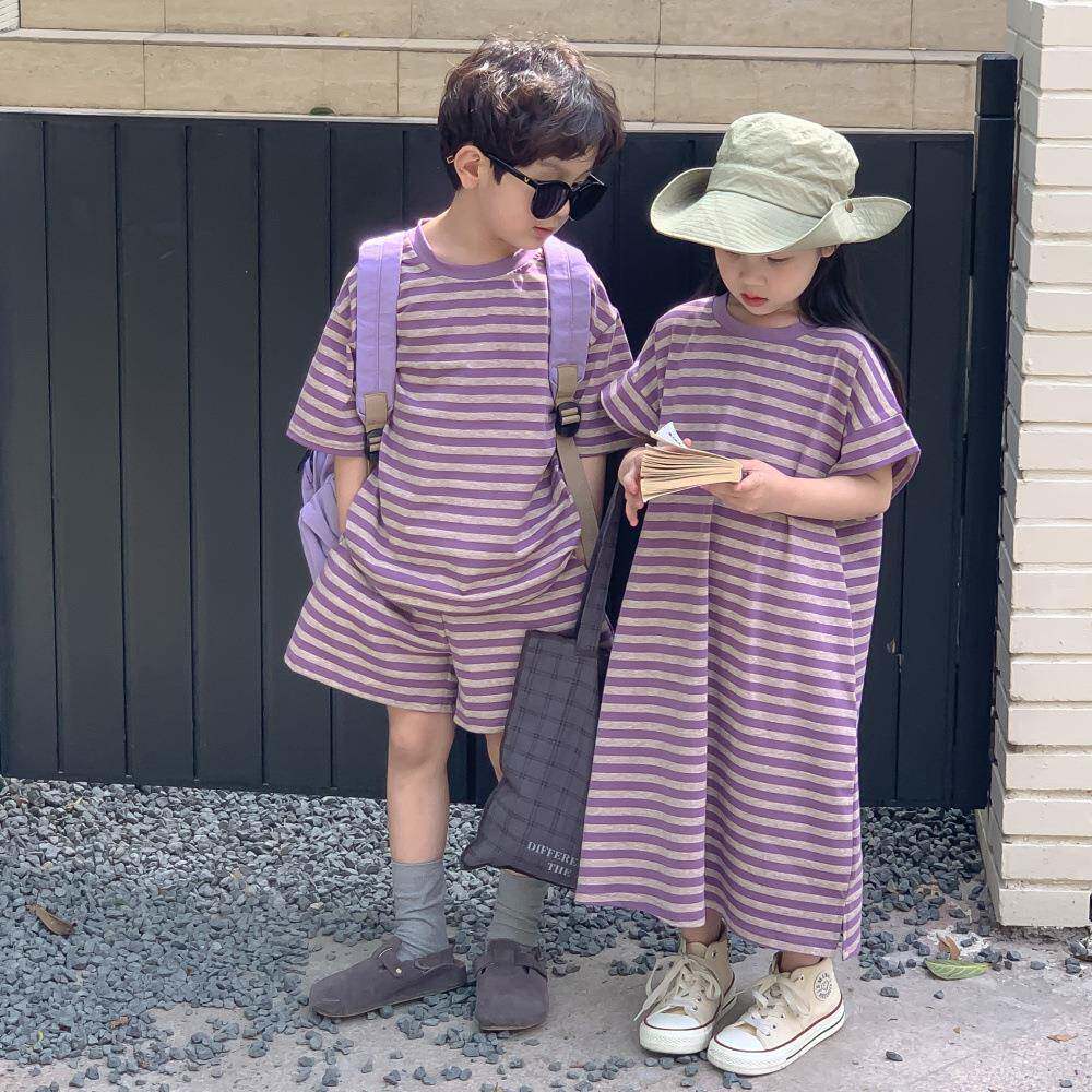 儿童兄妹装2025夏款男童短袖短裤两件套女童紫色条纹卫衣裙末小蒙