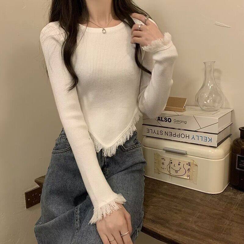 秋冬设计感圆领流苏不规则长袖T恤女修身纯欲风洋气短款秋款上衣