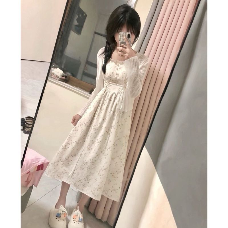 快手网红同款甜美清新披肩开衫碎花收腰系带吊带连衣裙两件套