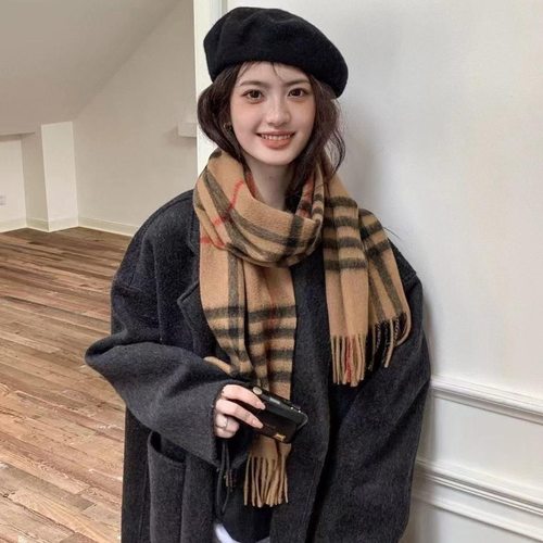 日本品质经典格子100%羊毛纹驼色围巾博主同款流苏保暖百搭披肩围
