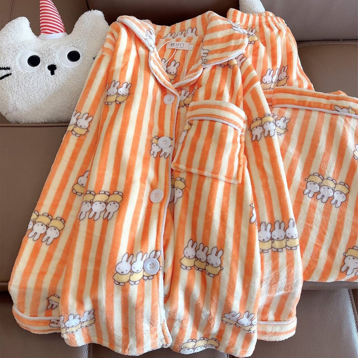 日本品质2025新款法兰绒卡通米菲兔睡衣套装女秋冬季珊瑚绒加绒条