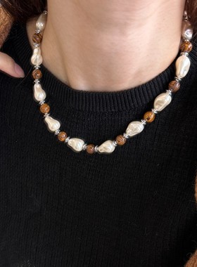 日本品质秋冬季美拉德风人造巴洛克珍珠纹木间隔项链新中式百搭简