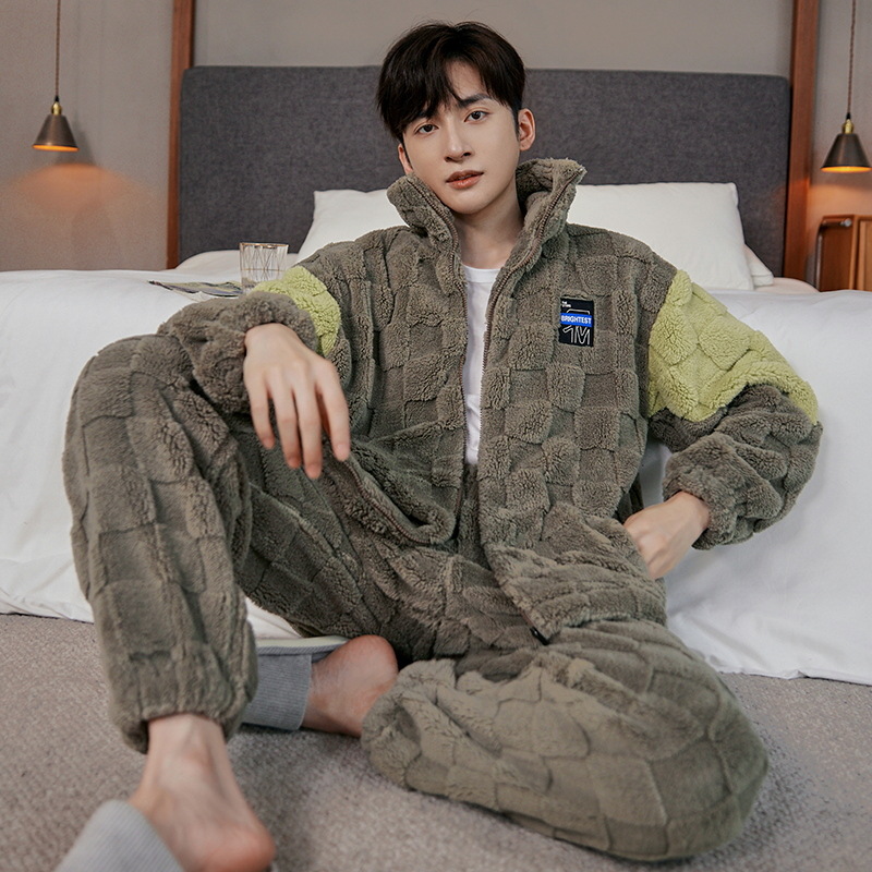 日本品质珊瑚绒睡衣男款秋冬季加绒加厚两件套装男士拉链法兰绒家