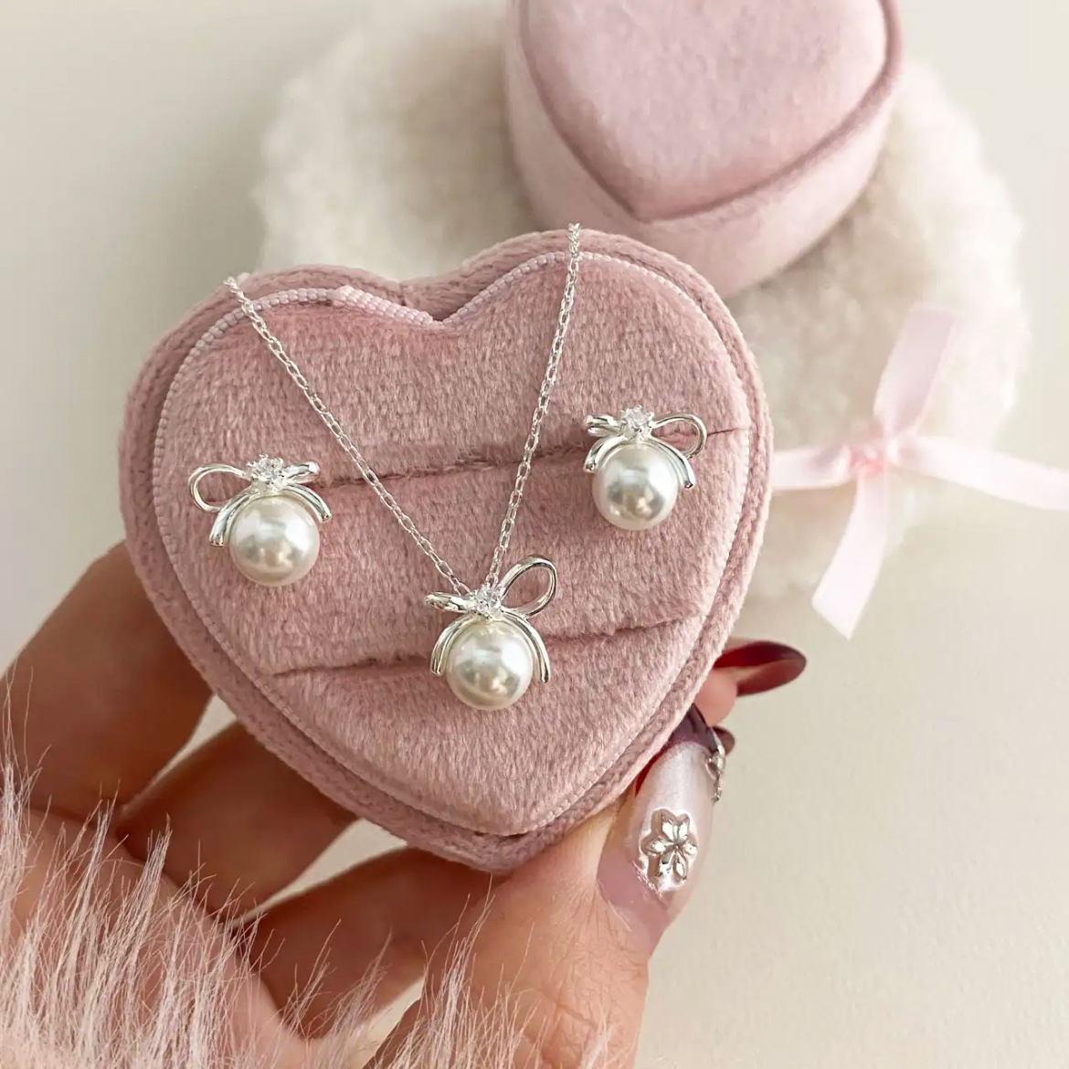 日本品质S925纯银蝴蝶结仿珍珠项链女甜美闪钻气质百搭韩系轻奢锁