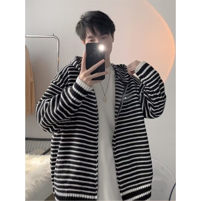 欧洲站韩系风格穿搭连帽黑白条纹卫衣男女慵懒高级感cleanfit针织