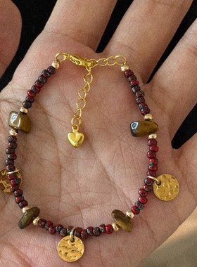 日本品质复古法式小众高级感虎眼石捶打纹理片吊坠捷克串珠手链叠