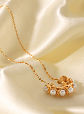 日本品质欧美U形不锈钢喇叭花镶珍珠吊坠项链女小众设计钛钢锁骨