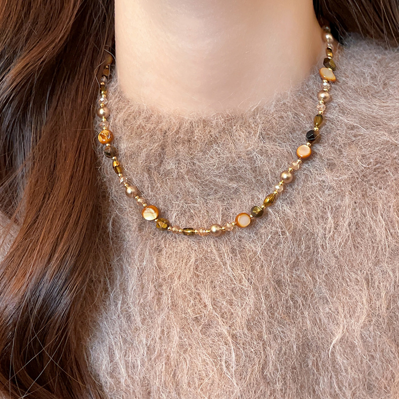 日本品质小众复古串珠虎眼石美拉德项链女款2025新款锁骨链大气高