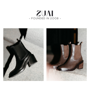 牛皮圓頭豬皮里加絨粗跟短靴 跟高8CM 明線切爾西靴